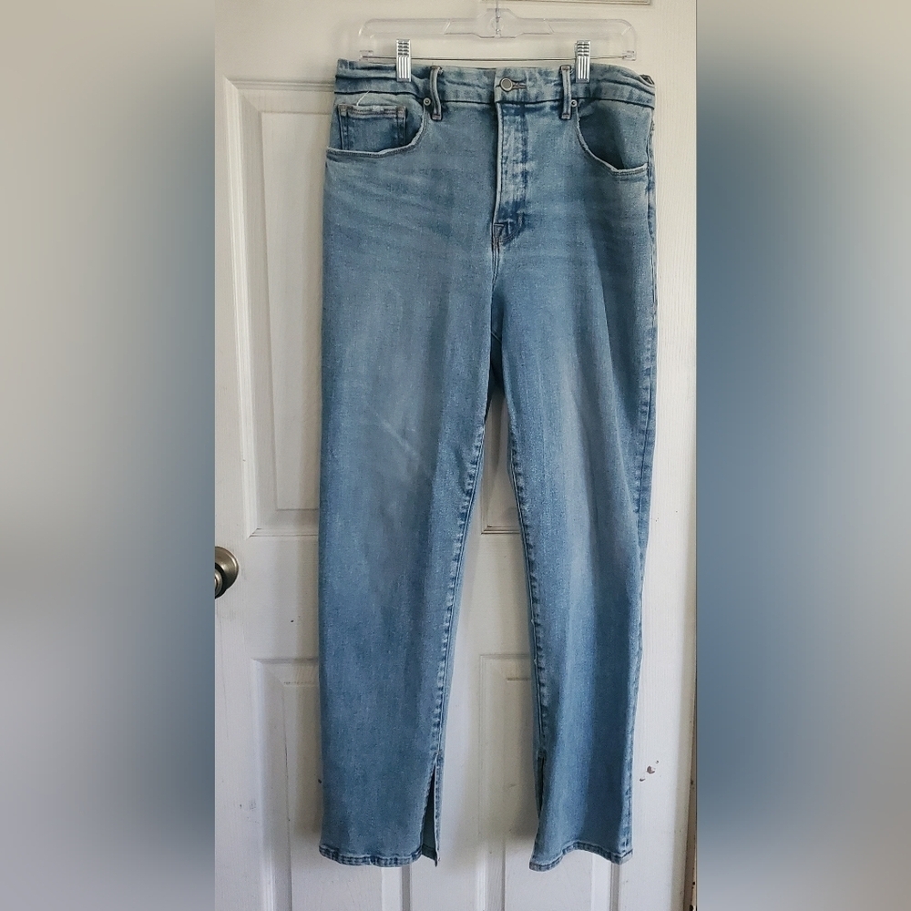 Good American Good Boy Womans Jeans, With Slits On Inside Of Leg At Bottom